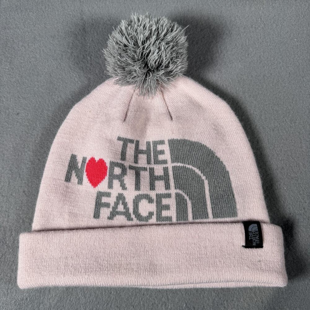 The North Face Hat Beanie Fitted Womens Heart Pink Gray Pom‎ Pom Winter Cuffed